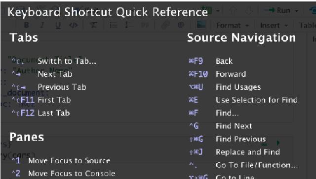 Keyboard Shortcut Quick Reference view